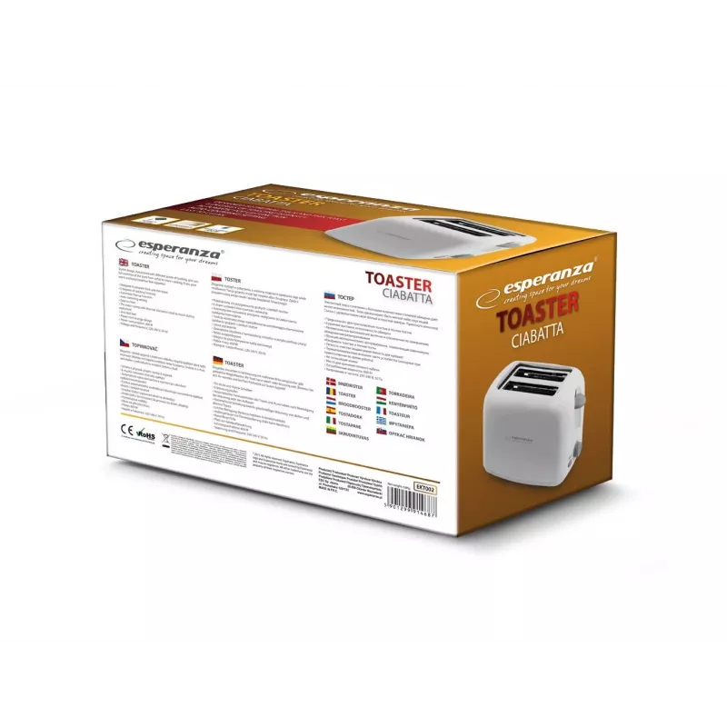 Esperanza EKT002 Ciabatta tostapane, 2 fessure, 600 W, bianco