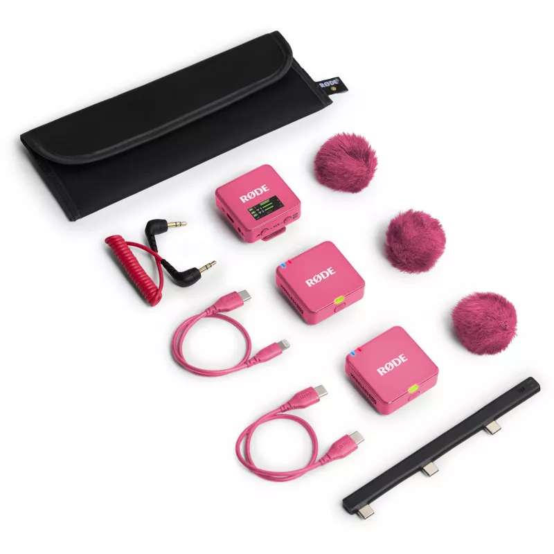Microfono wireless RODE Wireless GO III Rosa — sistema trasmettitore e ricevitore compatto a due canali