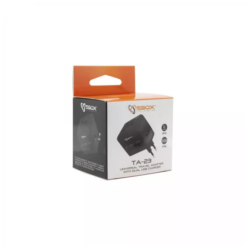 Adattatore da viaggio SBOX TA-23 con caricabatterie dual-USB e compatibilità universale delle spine