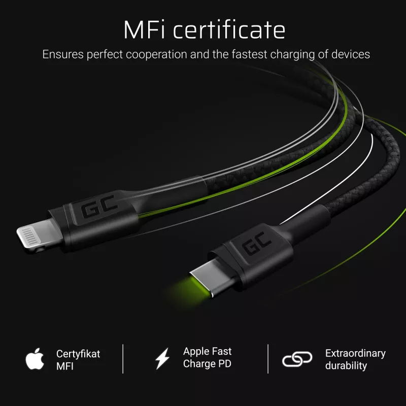 Green Cell PowerStream KABGC07 cavo da USB-C a Lightning, 1 m, PD, Apple MFi, nero