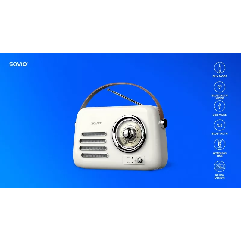 Radio portatile SAVIO RS-02 — sintonizzatore FM analogico, Bluetooth 5.3, alimentazione USB, 3 W, bianco