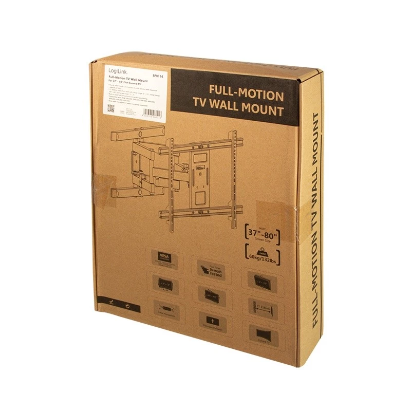 LogiLink BP0114 staffa a muro per TV a movimento completo (inclinabile/orientabile), 37–80 pollici (94–203 cm), VESA fino a 600x400, nera
