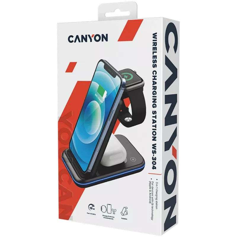 Caricabatterie wireless CANYON WS-304 15W 3in1 Nero