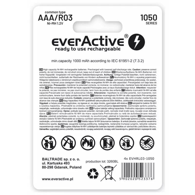 Batterie ricaricabili AAA NiMH everActive EVHRL03-550 1,2 V 550 mAh confezione da 4, cilindriche R03