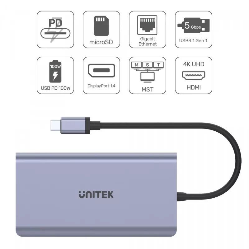 Hub UNITEK uHUB S7 USB 3.2 Gen 1 Type-C grigio
