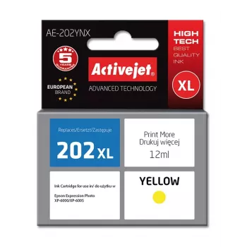 Cartuccia d'inchiostro ActiveJet AE-202YNX giallo, compatibile con Epson 202XL, 12 ml inchiostro a colorante, resa alta (XL), confezione singola