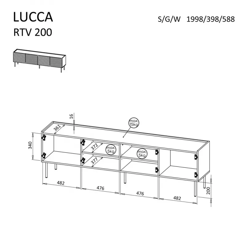 Mobile TV cama meble LUCCA 4D, 2000×400×590 mm, bianco, piano in truciolare