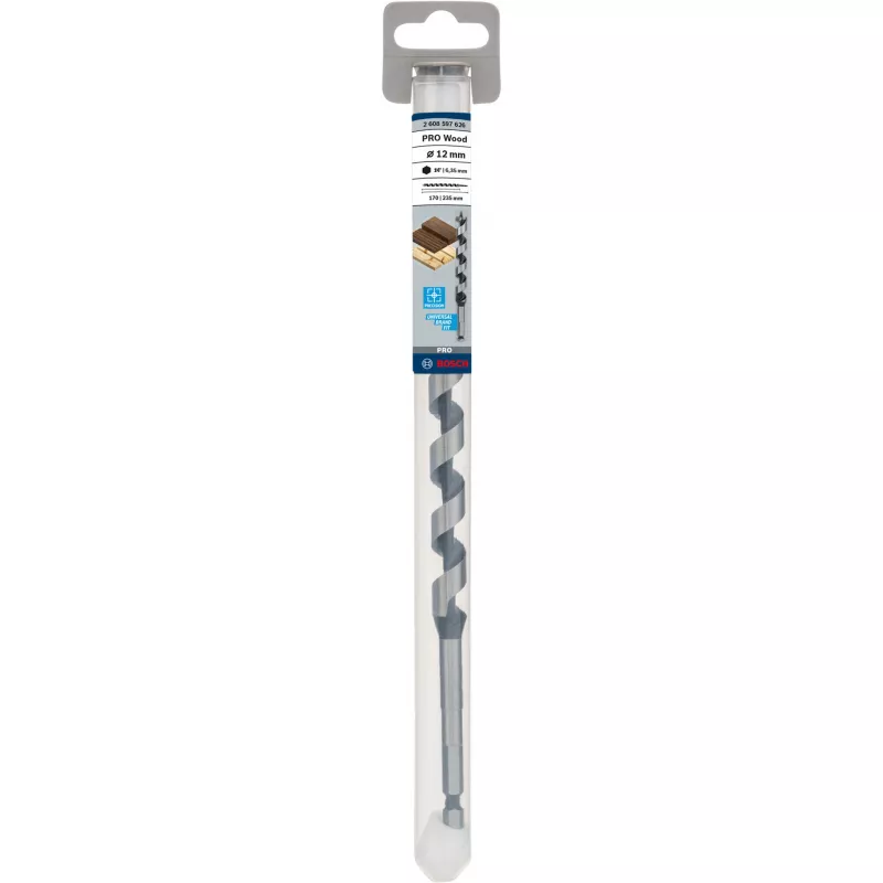 Bosch PRO Wood 2608597626 punta elicoidale per legno, 12 mm, lunghezza totale 235 mm, lunghezza utile 170 mm, attacco esagonale da 1/4 di pollice, 1 pz.