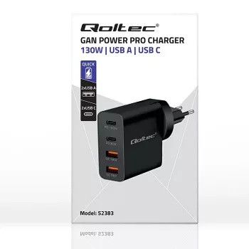 Qoltec GaN POWER PRO caricabatterie | 2xUSB-C | 2xUSB | 130W | 5-20V | 1.5-5A | XP | nero