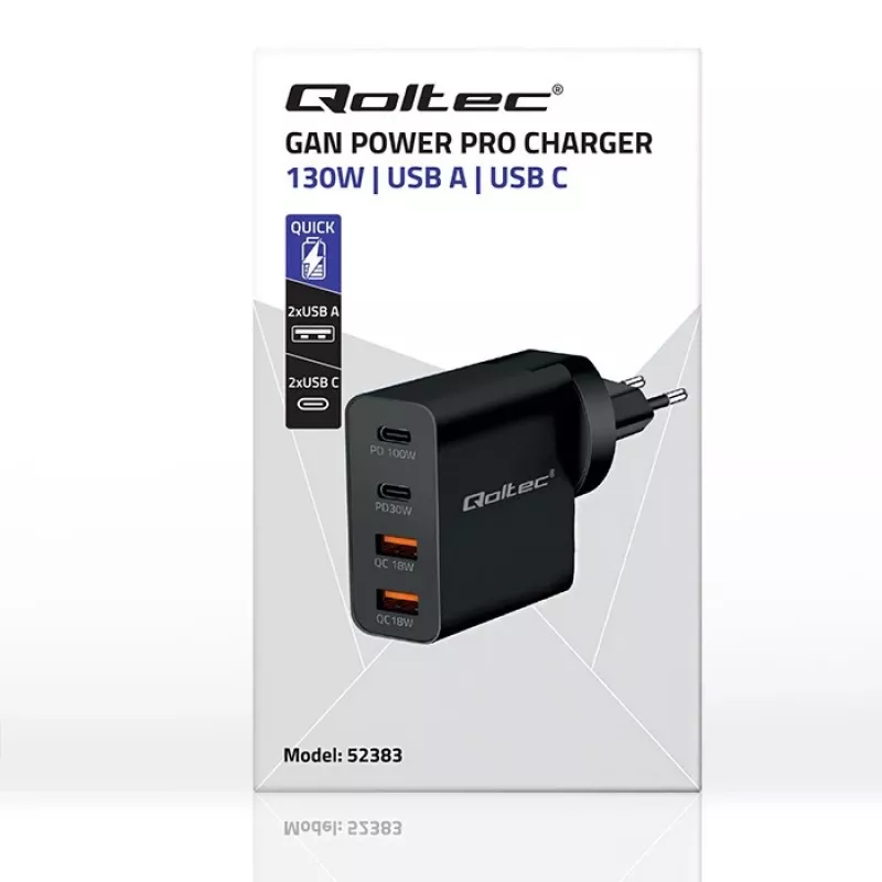 Qoltec GaN POWER PRO caricabatterie | 2xUSB-C | 2xUSB | 130W | 5-20V | 1.5-5A | XP | nero
