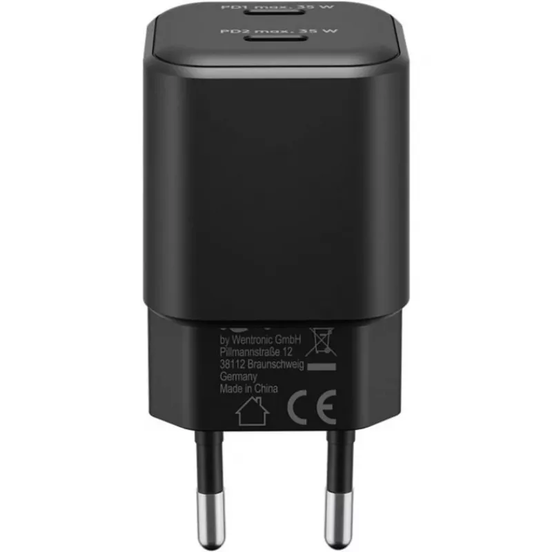 Caricabatterie da parete GOOBAY 75333 — caricabatterie universale AC-USB-C per interni, 2x USB-C, 35 W, nero