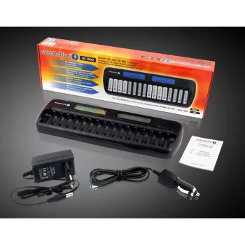 Caricabatterie everActive NC-1600 — caricabatterie universale DC per Li-Ion, supporta 16 celle, dimensioni compatibili AA/AAA/C, nero, AC 100–240V 50–60Hz