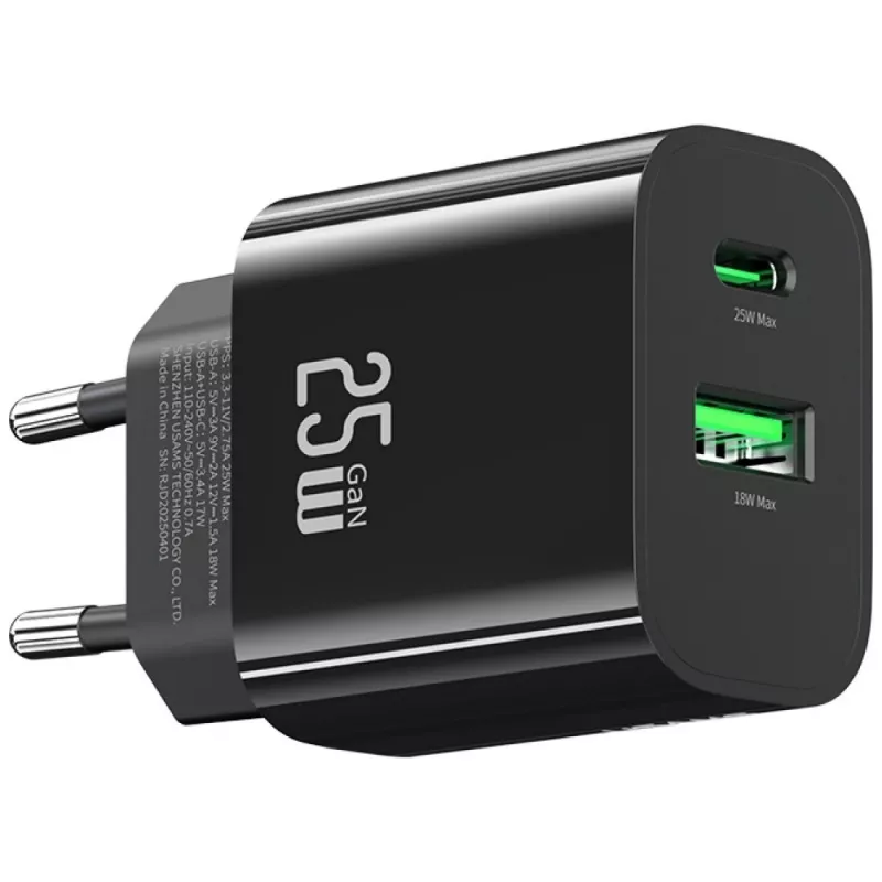 Caricabatterie USB usams USA001629 25W 1×USB-C + 1×USB-A ricarica rapida