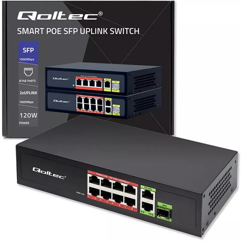 Switch Ethernet QOLTEC 52297 PoE RJ45 con uplink PoE e porta SFP
