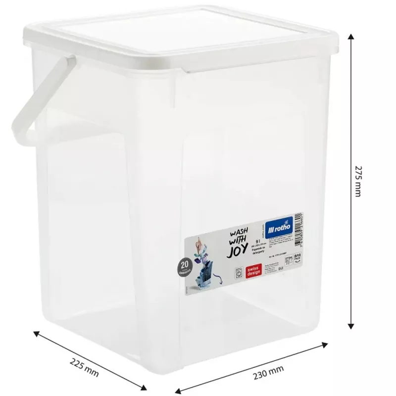 Contenitore per detersivo in plastica Rotho Basic 9 L modello 1770101100RP, bianco, coperchio, foro per appendere