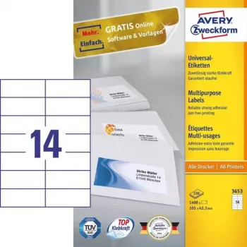 Avery 3653 etichetta adesiva rettangolare permanente bianco 1400 pz.