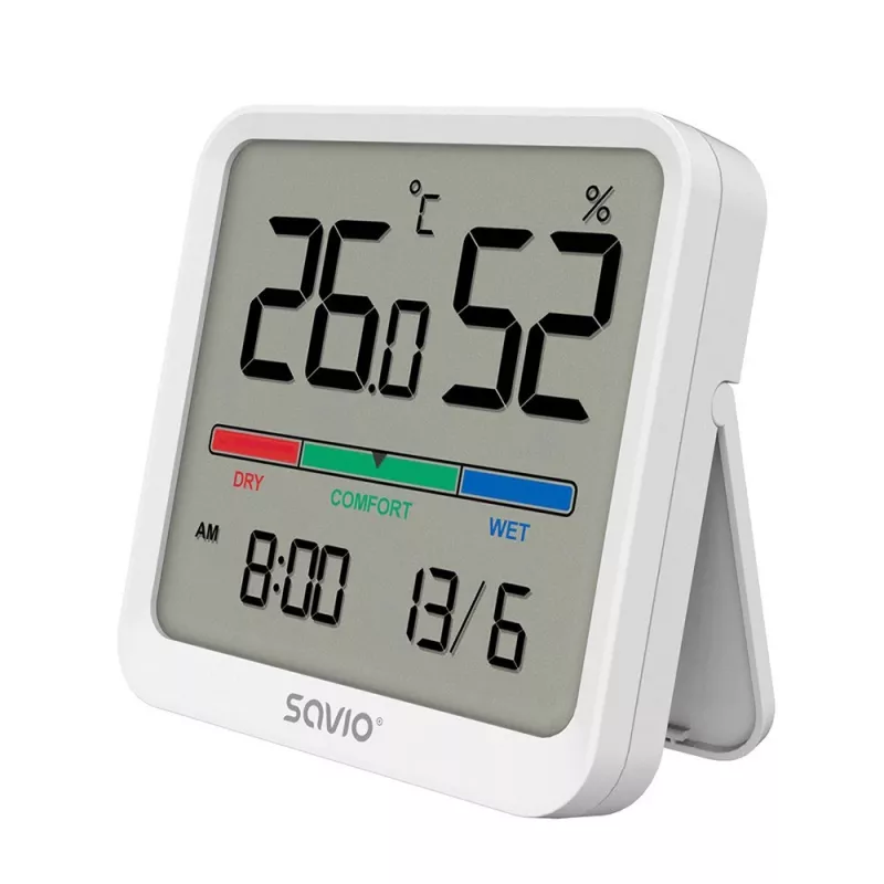 Sensore di temperatura e umidità per interni SAVIO CT-01/W, display LCD, -10–55 °C, 10–99 % rH, batteria CR2032