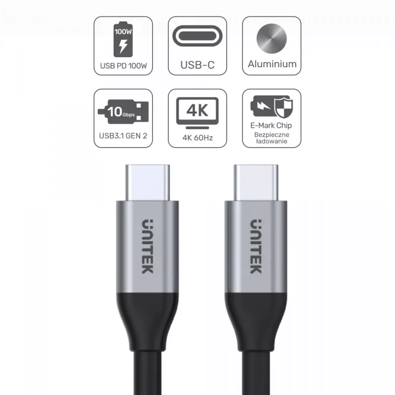 Cavo dati e di ricarica USB-C a USB-C Unitek C14082ABK 1 m, USB 3.2 Gen 2 (10 Gbit/s), 100 W PD, nero