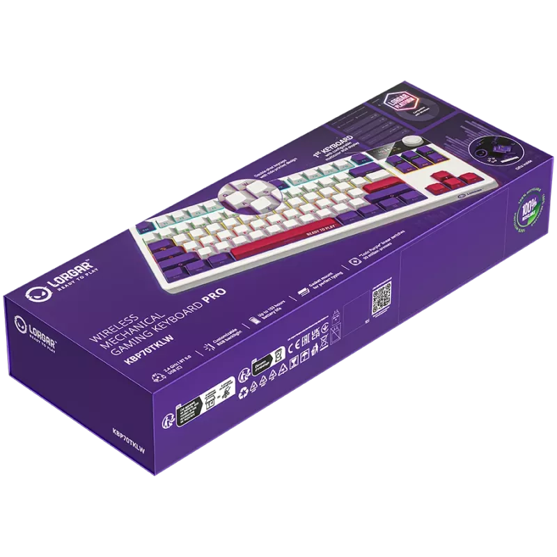 LORGAR KBP70TKLW, tastiera da gaming meccanica TKL wireless Pro, bianco, layout EN