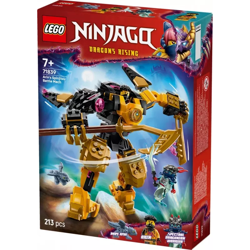 Set LEGO NINJAGO 71839 Mech da combattimento Spinjitzu di Arin, 213 pezzi, 2 minifigure, altezza 160 mm