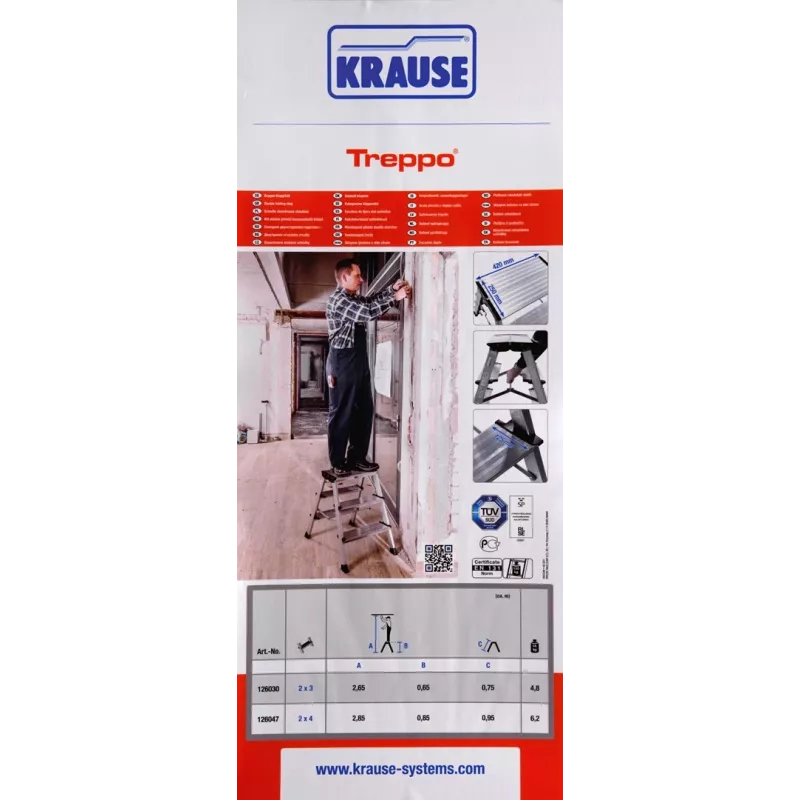 Scaletta Krause 126030 — alluminio 3 gradini, altezza massima 65 cm, 6,1 kg, larghezza 500 mm