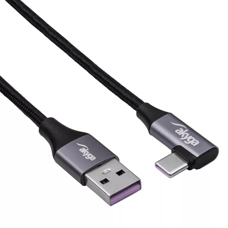 Akyga AK-USB-58 cavo USB-C a USB-A angolare, 30 cm, 60 W, intrecciato, nero