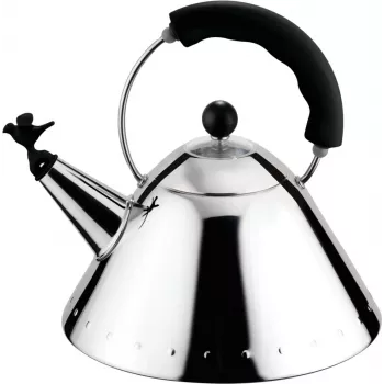 Alessi 9093 B Bollitore con manico, acciaio inox, fischietto a forma di uccello in PA nero