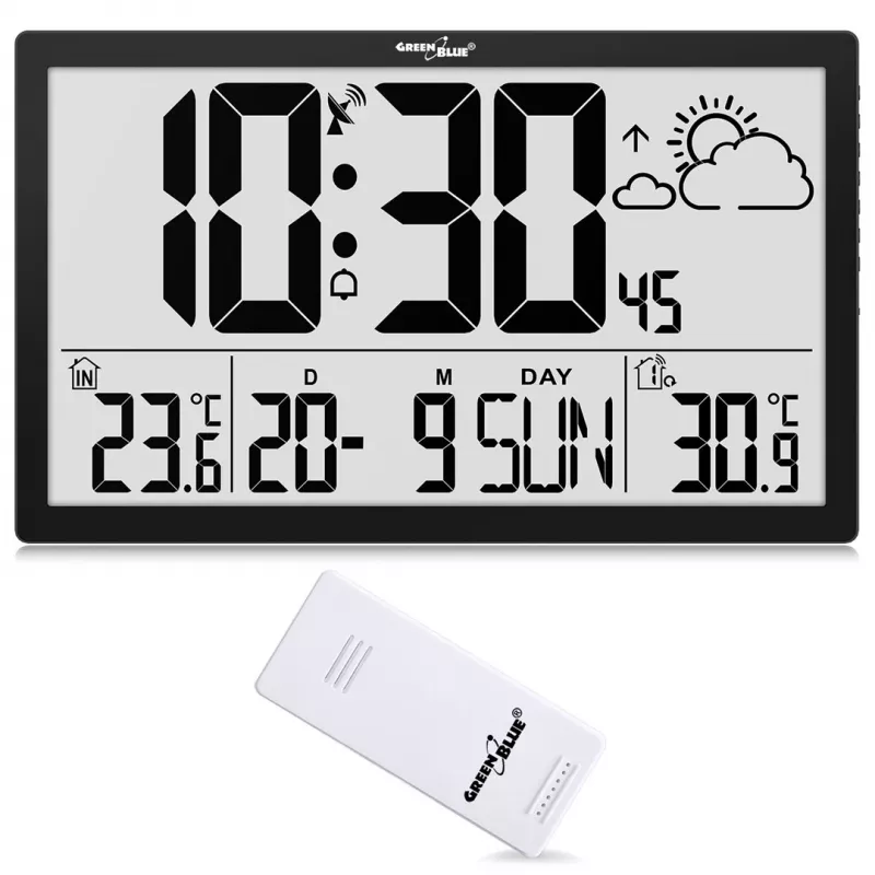 Orologio da parete GreenBlue GB218 — LCD extra grande, stazione meteo, temperature interne/esterne, visualizzazione data
