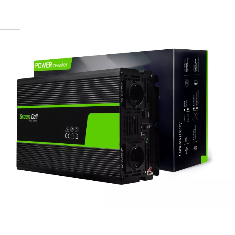 Inverter per auto Green Cell INV22 — 1500 W, 12 V DC a 230 V AC, 50 Hz, LED, raffreddamento attivo, nero