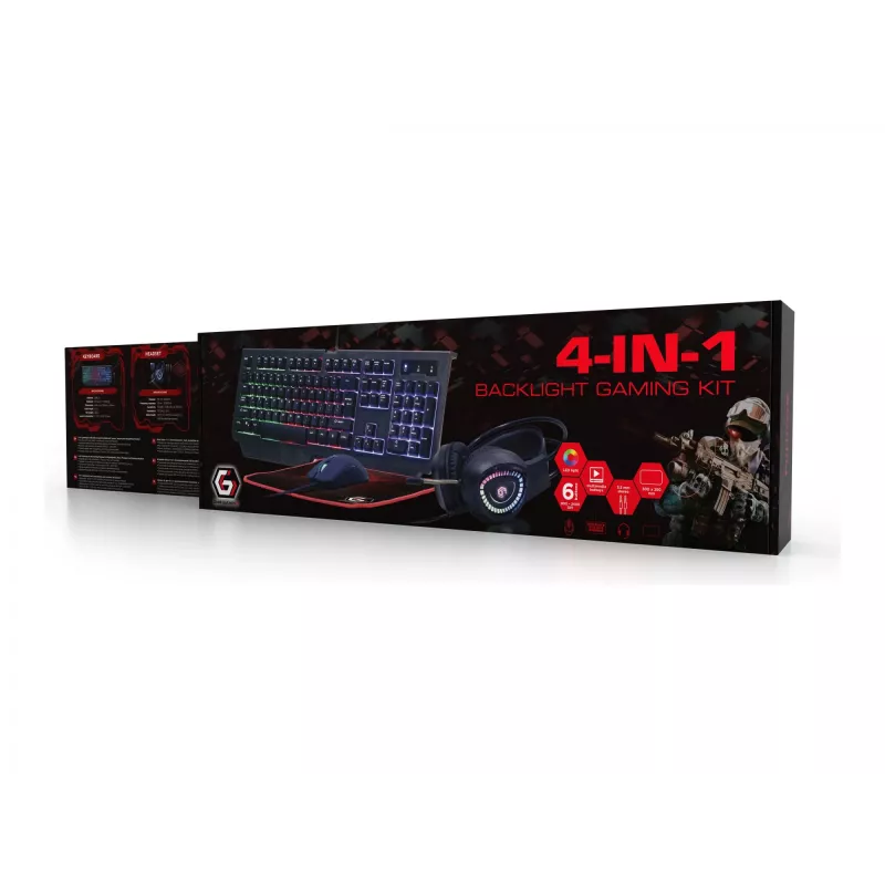 Gembird GGS-UMGL4-01 Phantom kit gaming 4 in 1 retroilluminato (tastiera, mouse, cuffie, tappetino per mouse), cablato USB, layout US, nero