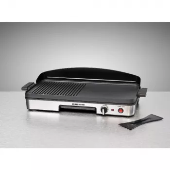 Griglia elettrica da tavolo Rommelsbacher BBQ 2003 — 1900 W, 50×25 cm, rigata + teppanyaki, termostato continuo, argento/nero