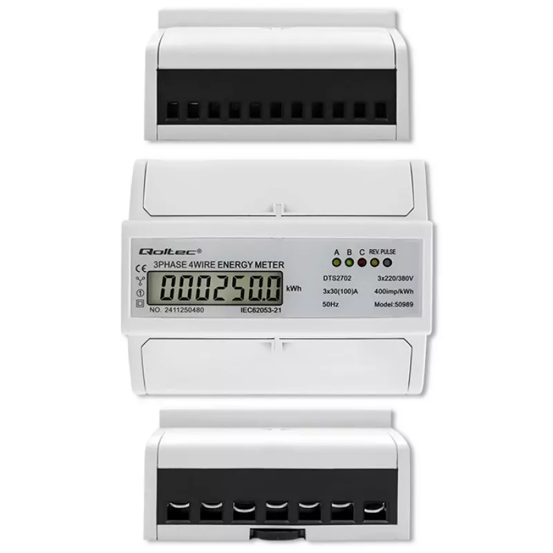 Contatore elettronico bidirezionale trifase Qoltec | Contatore di consumo energetico per guida DIN | 400V | 100A | LCD | 4P