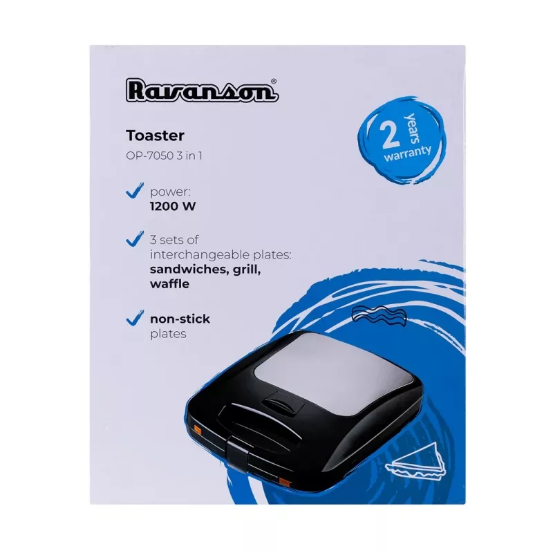 Ravanson OP-7050 Sandwichiera 3 in 1, 1200 W, Nero/Argento