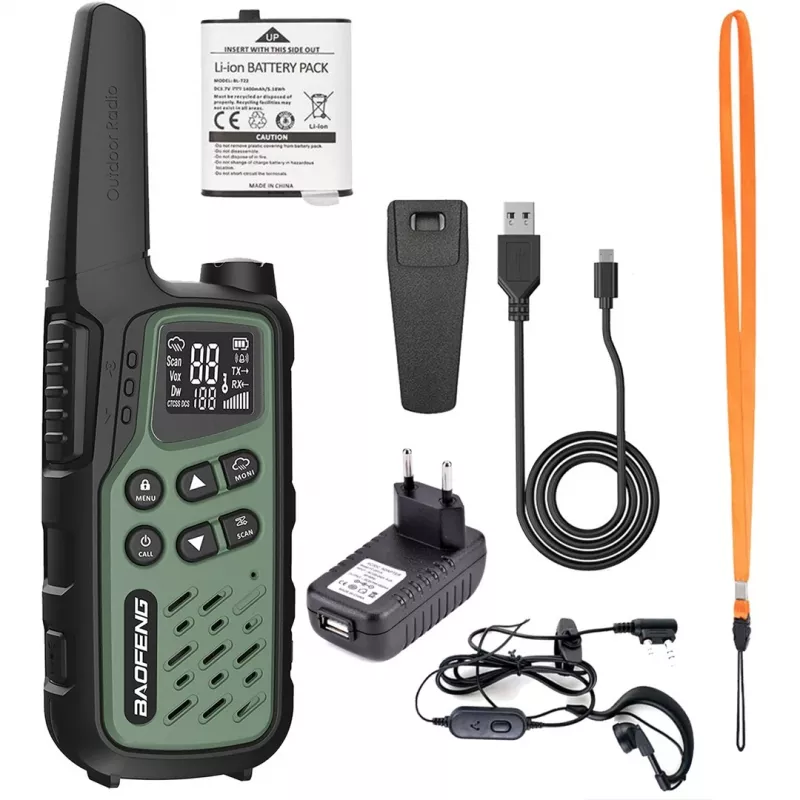 Ricetrasmettitore portatile Baofeng BF-T25E — 16 canali, 2×1400 mAh Li‑Ion, VOX, LCD, verde, set da 2