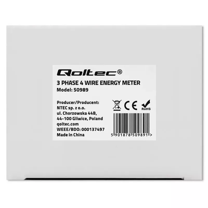 Contatore elettronico bidirezionale trifase Qoltec | Contatore di consumo energetico per guida DIN | 400V | 100A | LCD | 4P