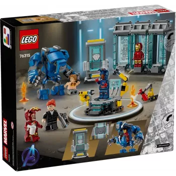 LEGO Marvel Iron Man Laboratorio Armeria 76315 set di gioco – 384 pezzi, 5 minifigure, area espositiva