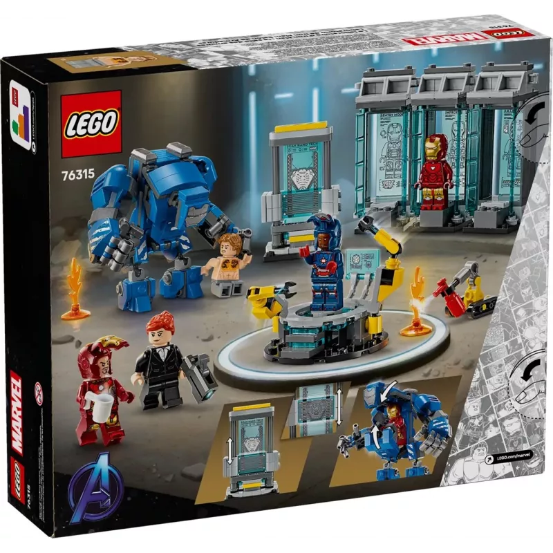 LEGO Marvel Iron Man Laboratorio Armeria 76315 set di gioco – 384 pezzi, 5 minifigure, area espositiva