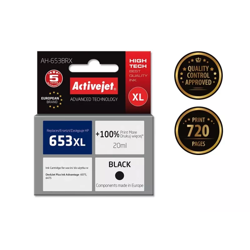Cartuccia d'inchiostro compatibile ActiveJet AH-653BRX per HP 653XL, nero, 20 ml, alta resa (XL), 720 pagine