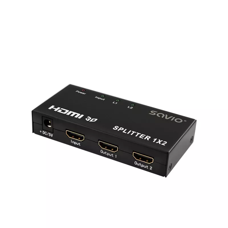 Splitter video HDMI SAVIO CL-42 — 2 uscite HDMI, 1920x1080, colore 36 bit, case in metallo, 5V/1A