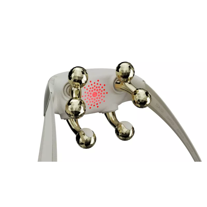 SKG H7 Ultra-E – testine massaggianti dorate, massaggio combinato, massaggio a compressione, massaggio impastante, massaggio vibrante, collo, spalle, oro, plastica, pulsanti, batteria