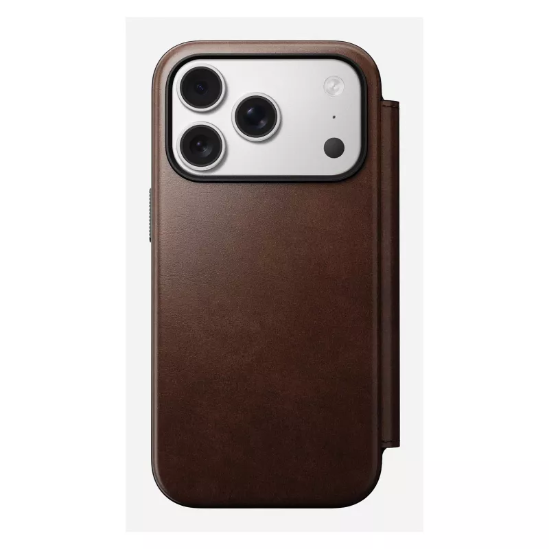 Custodia per smartphone Nomad Modern Leather Folio per iPhone 17 Pro, pelle/alluminio, 16 cm (6,3 pollici) marrone, 4 scomparti per carte