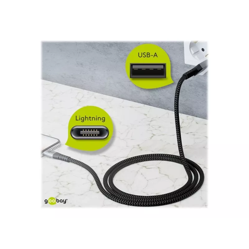 Goobay 49269 cavo USB-A–Lightning, 2 m, rivestimento in tessuto, connettori in metallo, certificato MFi, USB 2.0, grigio siderale/argento