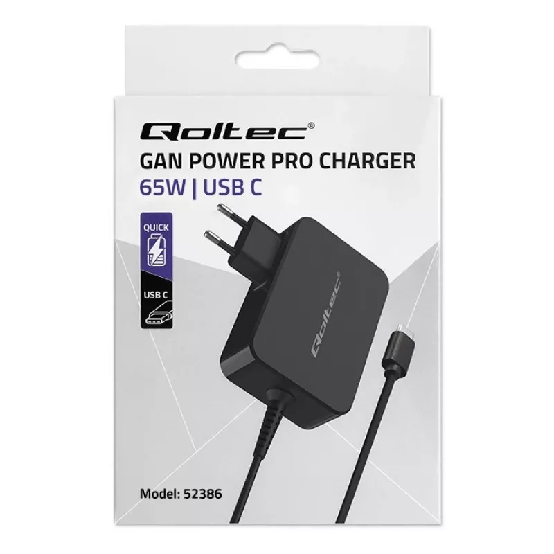 Qoltec 52386 GaN POWER PRO caricabatterie | 1xUSB-C | 65W | 5-20V | 3-3,25A | nero