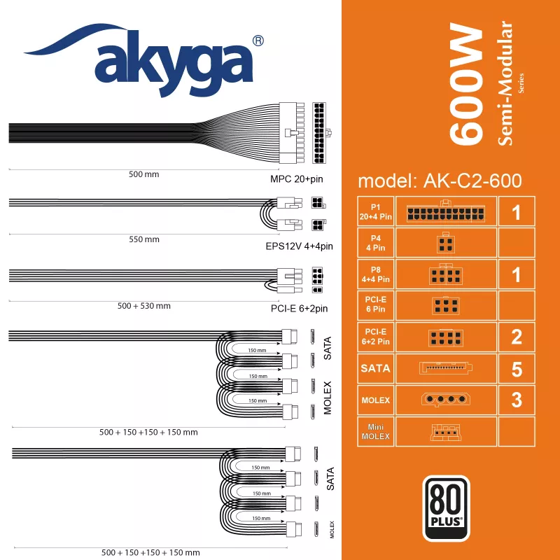 Alimentatore ATX Akyga AK-C2-600 Classic 600 W, semimodulare, PFC attivo, ventola 120 mm