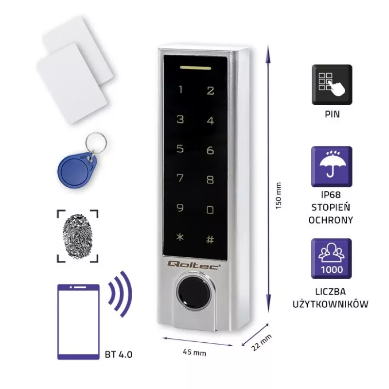 Qoltec 52448 serratura a codice TITAN con lettore di impronte digitali | RFID | BT 4.0 | codice | carta | portachiavi | campanello | IP68 | EM