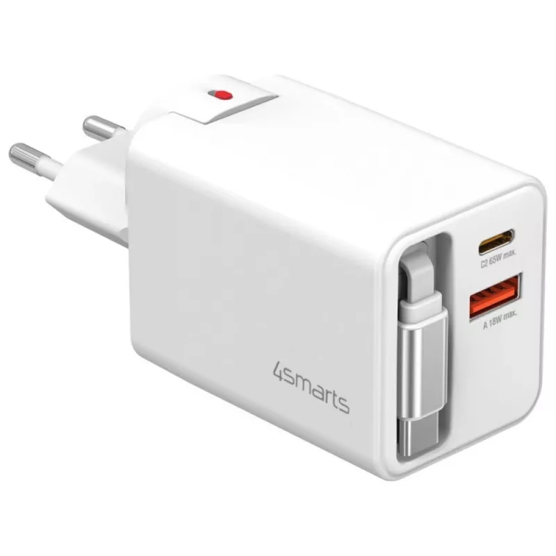 4smarts 541065 GaN Flex Jojo 65W caricabatterie da parete, 2x USB-C PD + USB-A QC 3.0, cavo USB-C retrattile, 100-240V, bianco