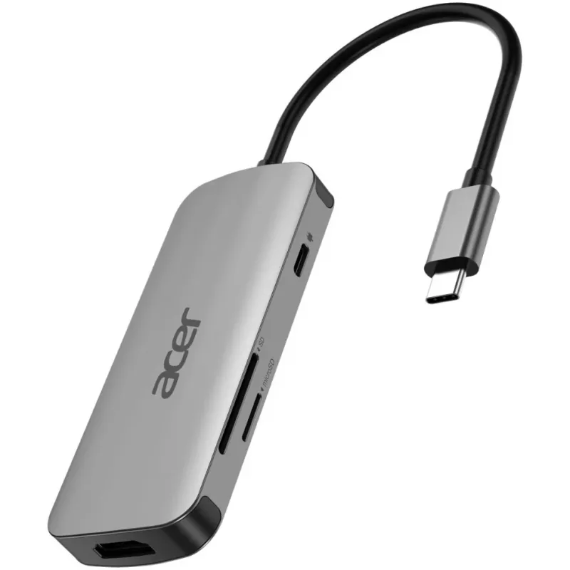 Dongle USB-C 7-in-1 Acer — USB 3.2 Gen 1 Type-C, 3x USB-A, HDMI, SD/MicroSD, 100W PD, argento