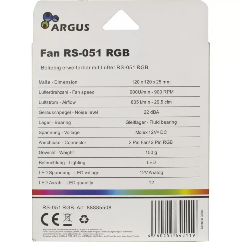 INTER-TECH Argus RS-051 RGB ventola per case da 120 mm, 900 giri/min, nera