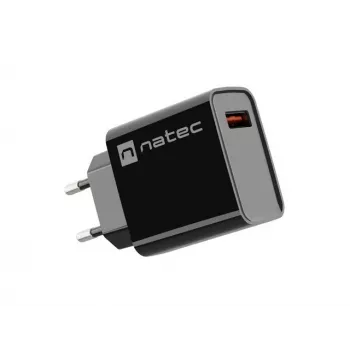 Caricabatterie rapido da parete NATEC per interni, con cavo, Ribera – 18 W (5–15 V, fino a 3 A), 1× USB-A, Huawei FCP/SCP, nero