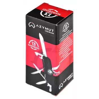 Coltello tascabile AZYMUT Izeron Multitool — 13 utensili, acciaio inox 420J2/3CR13, chiuso 9 cm, 91 g, custodia in pelle da cintura, luce e bussola integrate